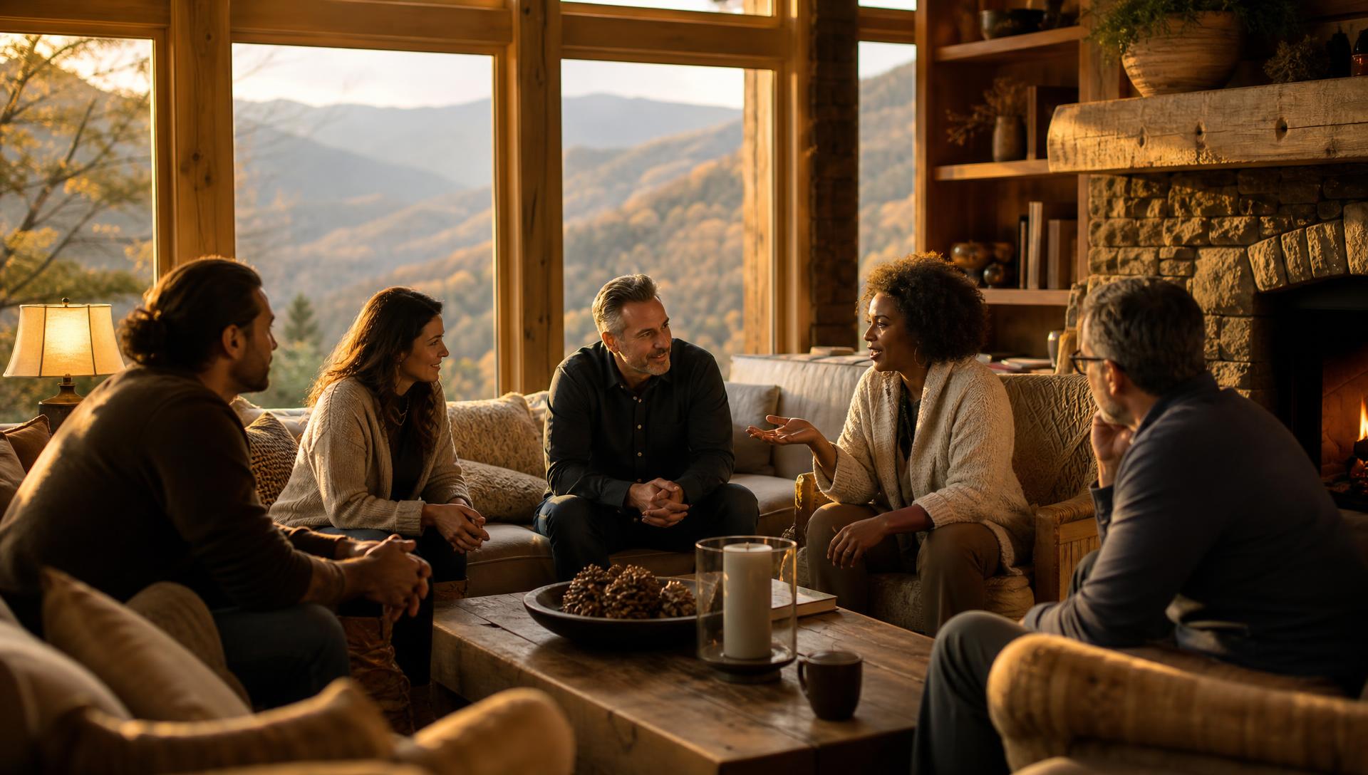 Diverse group of leaders gathered in a warm mountain lodge interior with Blue Ridge Mountain views through large windows at golden hour